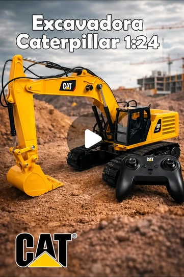 Excavadora Caterpillar a escala 1:24 junto a su control remoto